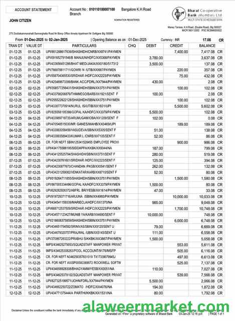 India Bharat Co-operative Bank account statement Word and PDF template